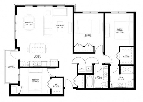 Floor plan for 3 beds, 2 baths, 1414 sqft